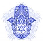 Traditional Jewish sacred amulet and religious symbols in national Jewish colors - Hamsa or hand of Miriam, palm of David, star of David, Rosh Hashanah, Hanukkah, Shana Tova